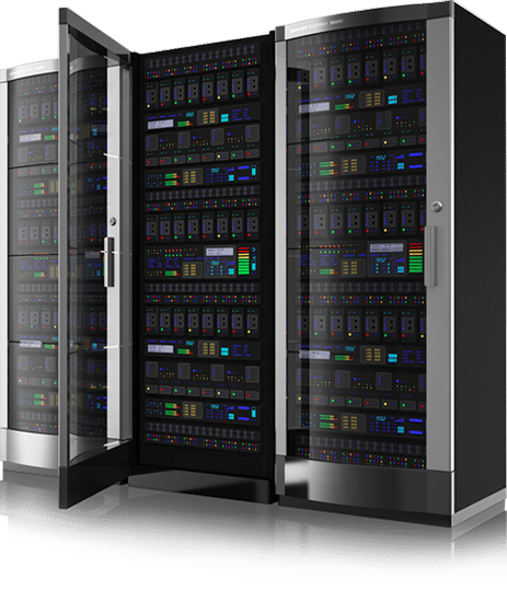 Modern data center server racks with LED lights.