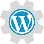 WordPress logo on blue gear background.