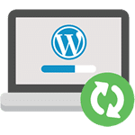 WordPress on laptop with refresh icon.