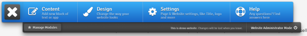 Website management toolbar with content, design, settings options.
