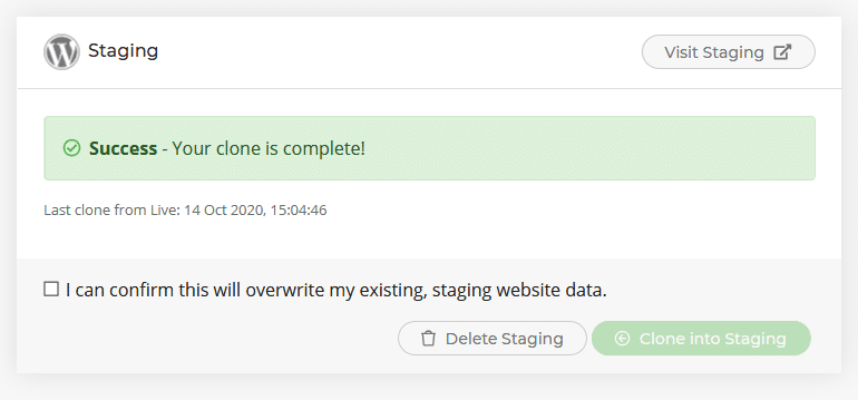 Successful website cloning confirmation in staging environment interface.