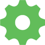 Green cogwheel icon on white background.