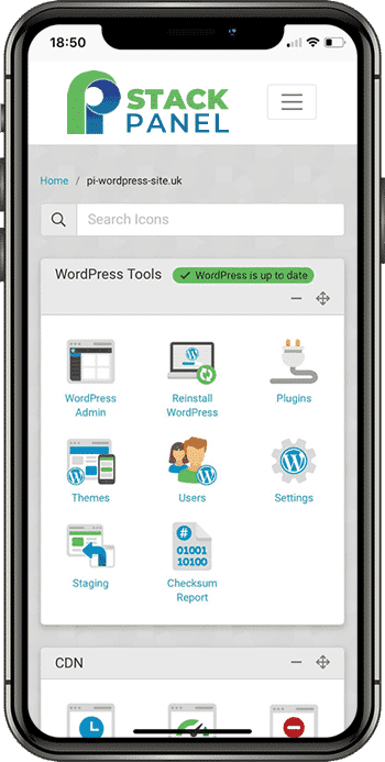Smartphone displaying WordPress management tools interface.