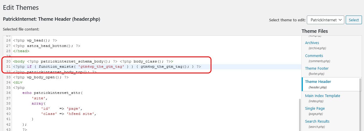 Pasting the Google Tag Manager PHP code below the body tag in your WordPress header.php file