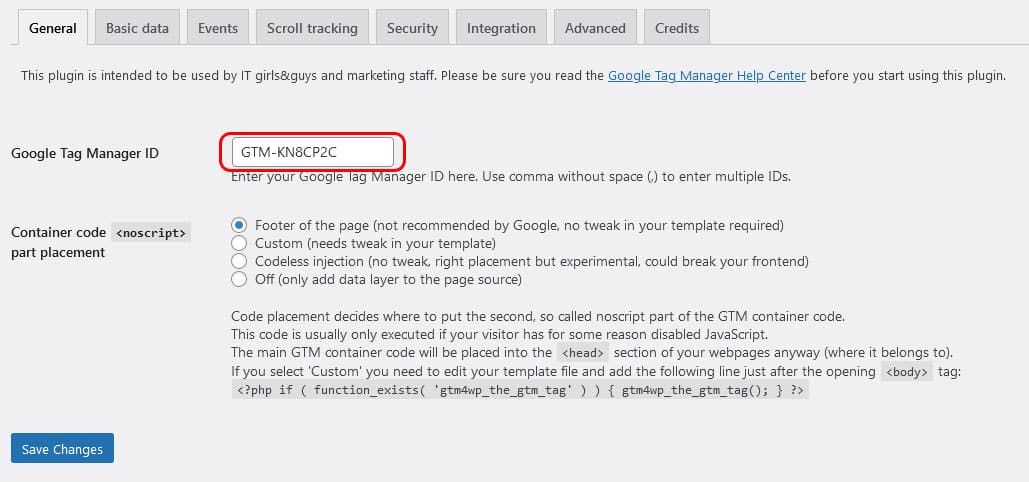 Paste your Google Tag Manager ID into WordPress