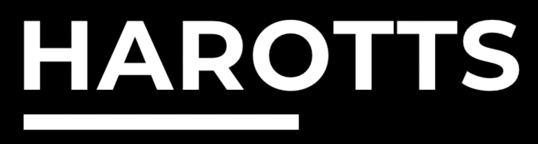 Logo for HAROTTS in bold white letters.