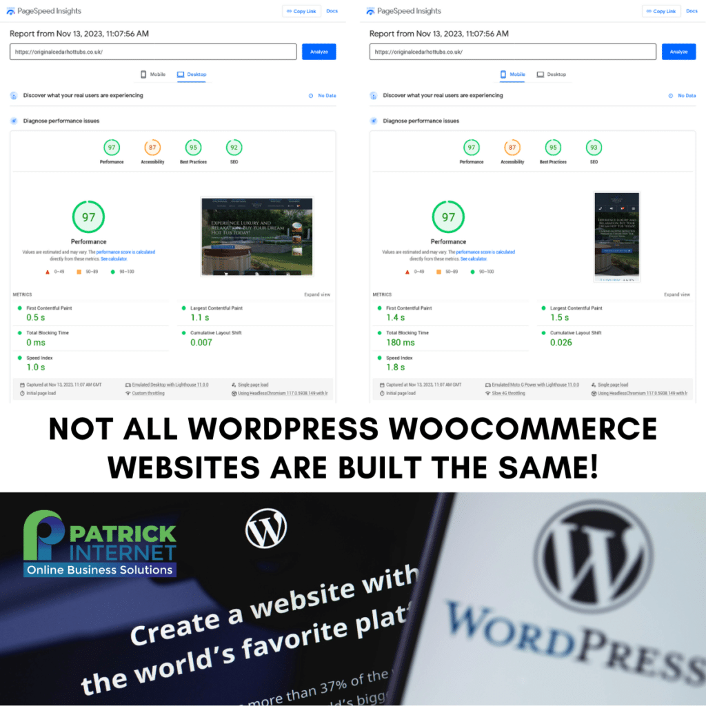 Comparison of WordPress WooCommerce website performances on PageSpeed Insights.