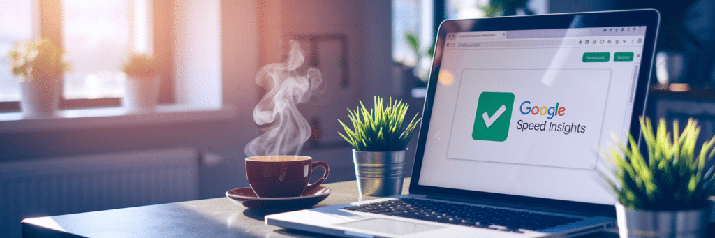 Laptop displaying Google Speed Insights, coffee on desk